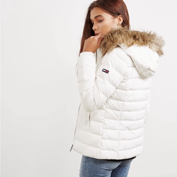 Tommy Hilfiger White Hooded Jacket with Faux Fur Trim